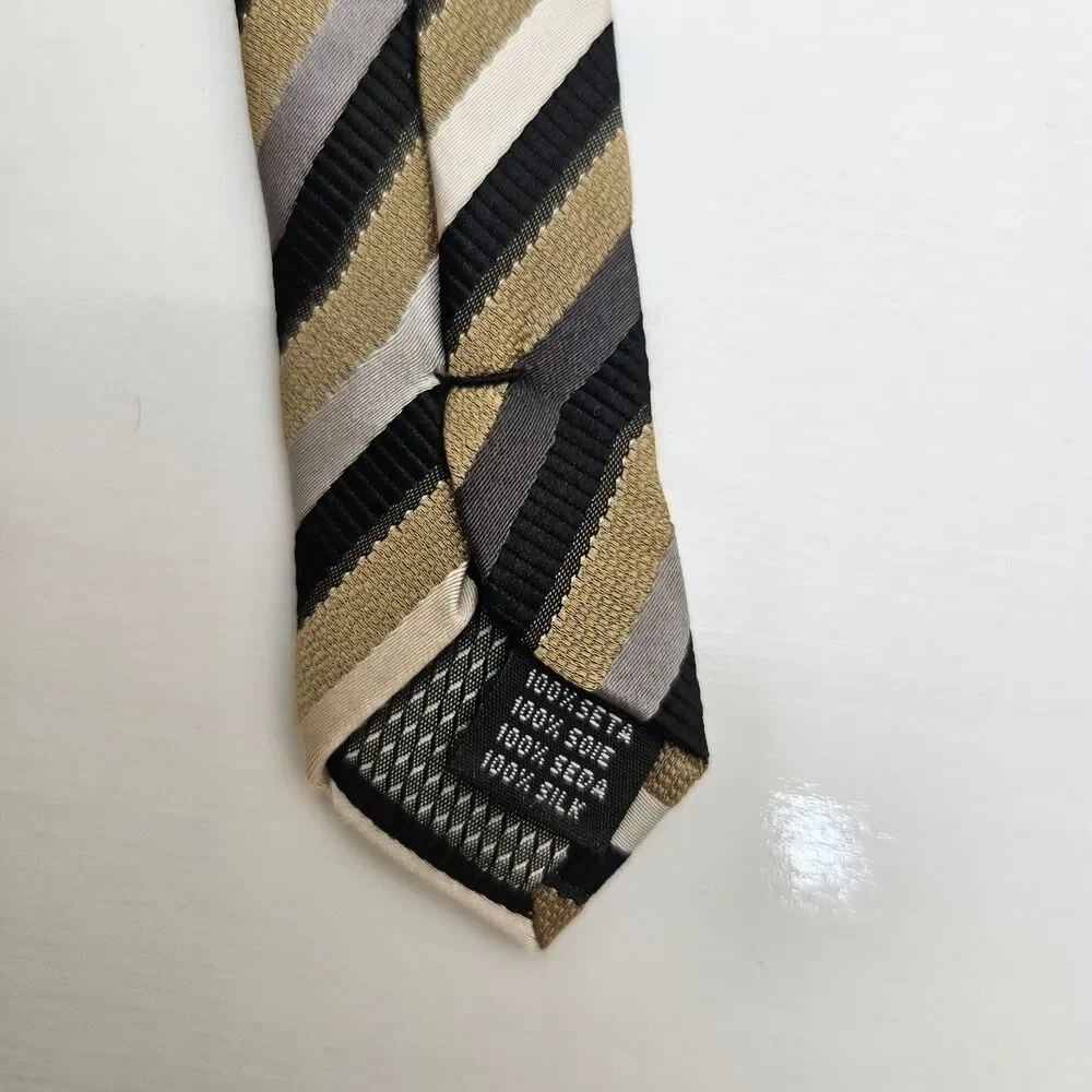 VTG 90s ALEXANDER JULIAN COLOURS Neck Tie Mens 100% Silk Gold Black Striped 3.8